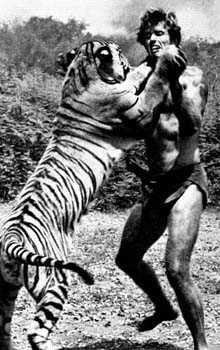 Ron Ely combatiendo contra un tigre y sin dobles